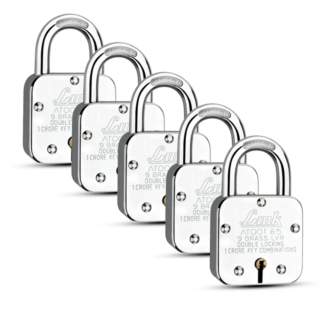 Link Atoot 65MM Padlocks 5Pcs Set | 2 Lakhs Key Combinations | Steel Body | Hardened Shackle | 8 Brass Levers | Made in India | 3 Keys for Each Padlock